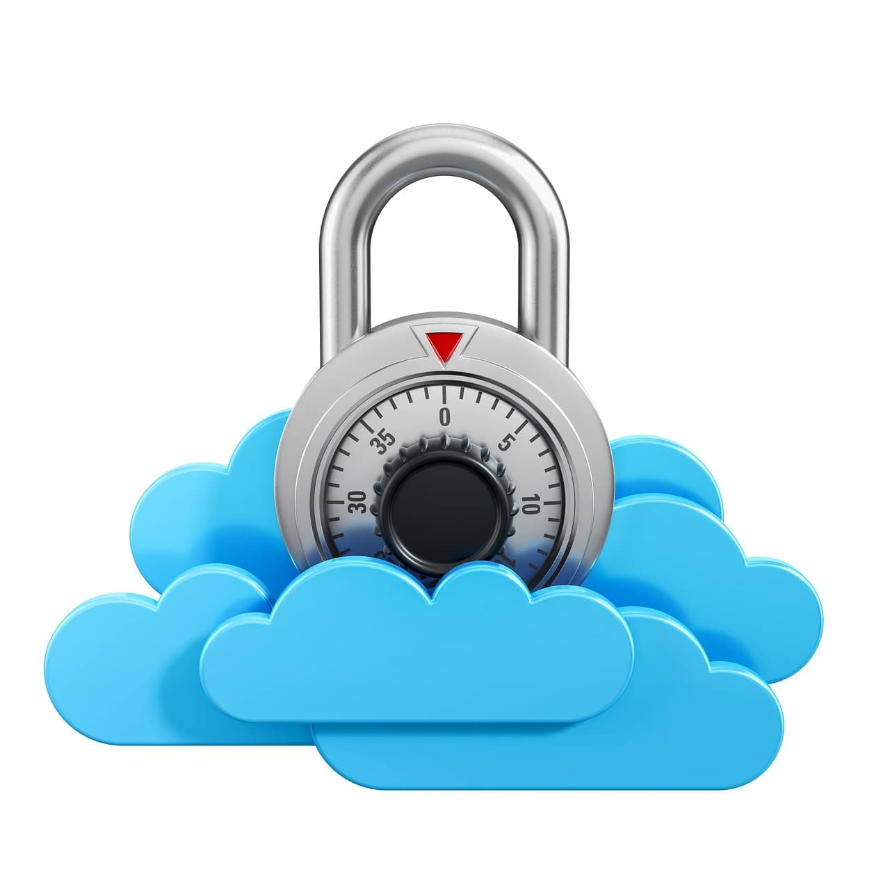 Un candado de combinación sobre iconos de nubes azules, que representa la seguridad de la nube